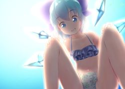 Rule 34 | 1girl, artist name, backlighting, bare shoulders, bikini, blue bikini, blue eyes, blue hair, blue ribbon, blue sky, blue theme, blush, cirno, collarbone, crystal, dated, day, female focus, flat chest, floral print, frilled bikini, frills, from below, grin, hair ribbon, hands on own knees, happy, highres, ice, ice wings, katsura dendou, light blush, looking down, navel, outdoors, ribbon, shiny skin, short hair, sidelocks, signature, sky, smile, solo, spread legs, squatting, stomach, sunlight, swimsuit, teeth, touhou, wings