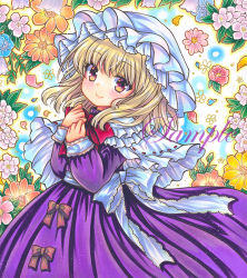 Rule 34 | 1girl, blonde hair, blue flower, blush, bow, bowtie, capelet, closed mouth, dress, floral background, flower, hat, head tilt, leaf, long dress, long sleeves, looking at viewer, maribel hearn, marker (medium), medium hair, mob cap, orange flower, pink flower, purple dress, red bow, red bowtie, red flower, ribbon-trimmed capelet, rui (sugar3), sample watermark, smile, solo, touhou, traditional media, watermark, white capelet, white hat, yellow eyes, yellow flower