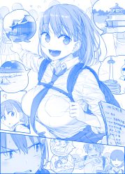 Rule 34 | :d, ?, ^^^, ai-chan (tawawa), backpack, bag, bar censor, blue theme, blush, braid, breasts, censored, character request, chest strap, clenched teeth, comic, commentary request, drooling, flying sweatdrops, getsuyoubi no tawawa, heavy breathing, himura kiseki, large breasts, monochrome, necktie, open mouth, pointing, school uniform, short hair, side braid, silent comic, smile, sparkle, speech bubble, sweat, teeth, volley-bu-chan (tawawa), wiping mouth