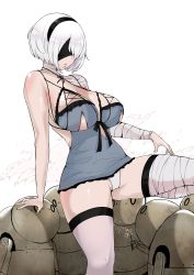 Rule 34 | 1girl, absurdres, bandaged arm, bandaged leg, bandages, bare shoulders, black blindfold, blindfold, breasts, cleavage, cosplay, covered eyes, hairband, highres, kaine (nier), kaine (nier) (cosplay), large breasts, lingerie, negligee, nier, nier:automata, nier (series), puzenketsu, robot, short hair, thighhighs, thighs, underwear, white hair, white thighhighs, 2b (nier:automata)