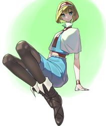 Rule 34 | 1girl, alice margatroid, arm support, black footwear, black pantyhose, blonde hair, blue dress, blue eyes, blue nails, bob cut, boots, capelet, dress, frogsnake, full body, hairband, knees up, long hair, looking at viewer, nail polish, necktie, pantyhose, reclining, red hairband, red necktie, shaded face, short hair, simple background, sitting, solo, touhou