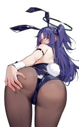 Rule 34 | 1girl, animal ears, ass, black pantyhose, blue archive, blush, cowboy shot, fake animal ears, fake tail, from behind, halo, hand on own ass, highres, leotard, long hair, looking at viewer, looking back, mechanical halo, painterliuhao, pantyhose, purple eyes, purple hair, purple leotard, rabbit ears, rabbit tail, simple background, solo, strapless, strapless leotard, tail, two side up, white background, yuuka (blue archive)