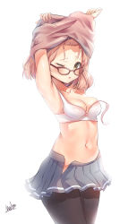Rule 34 | 1girl, ;o, absurdres, alswp5806, arms up, bad id, bad pixiv id, bare shoulders, black pantyhose, blue skirt, blush, bow, bow bra, bra, breasts, brown-framed eyewear, brown eyes, cleavage, collarbone, glasses, highres, kuriyama mirai, kyoukai no kanata, light brown hair, long hair, looking at viewer, medium breasts, navel, one eye closed, pantyhose, parted lips, pleated skirt, signature, simple background, skirt, solo, underwear, undressing, wardrobe malfunction, white background, white bra