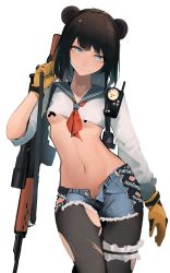 Rule 34 | 1girl, animal ears, arknights, arm at side, bear ears, black pantyhose, blue eyes, blue sailor collar, breasts, bridal garter, brown hair, closed mouth, commentary request, cropped shirt, cross pasties, cutoffs, cyrillic, denim, denim shorts, eyyy, gloves, gun, highres, holding, holding gun, holding weapon, long hair, long sleeves, looking at viewer, navel, neckerchief, no bra, open fly, pantyhose, pasties, red neckerchief, sailor collar, short shorts, shorts, simple background, small breasts, solo, standing, torn clothes, torn pantyhose, underboob, weapon, weapon request, white background, yellow gloves, zima (arknights)