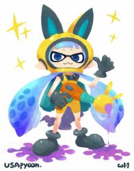 Rule 34 | 10s, 1girl, 33333 33333, :3, ankle boots, artist name, black gloves, blunt bangs, boots, cosplay, crossover, energy gun, gloves, inkling, inkling girl, inkling player character, nintendo, paint splatter, pointing, pointing at self, pointy ears, ray gun, simple background, solo, sparkle, splatoon (series), splatoon 1, unitard, usapyon, usapyon (cosplay), weapon, youkai watch