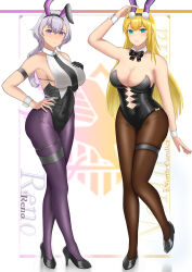 Rule 34 | 2girls, absurdres, animal ears, azur lane, black bow, black bowtie, black footwear, black leotard, black necktie, blonde hair, blue eyes, bow, bowtie, breasts, brown pantyhose, character name, cleavage, cuff links, detached collar, eagle union (emblem), elbow gloves, fake animal ears, full body, gloves, high heels, highres, khanld193, large breasts, leotard, leotard under clothes, light purple hair, long hair, looking at viewer, multiple girls, necktie, north carolina (azur lane), north carolina (the heart&#039;s desire) (azur lane), official alternate costume, pantyhose, playboy bunny, purple eyes, purple pantyhose, rabbit ears, reno (azur lane), reno (reno bunnino) (azur lane), see-through, see-through shirt, shoes, simple background, single elbow glove, strapless, strapless leotard, thigh strap, white bow, white bowtie, wrist cuffs