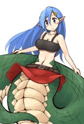 Rule 34 | 1girl, asymmetrical hair, bandeau, belt, blue eyes, blue hair, breasts, cleavage, collarbone, hair between eyes, hair ornament, hairclip, kaginoni, lamia, large breasts, long hair, looking at viewer, matching hair/eyes, monster girl, navel, original, pointy ears, red skirt, scales, simple background, skirt, smile, solo, strapless, tube top, white background