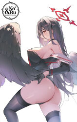 Rule 34 | 1girl, ass, bare shoulders, black choker, black gloves, black hair, black panties, black serafuku, black thighhighs, black wings, blue archive, blush, breasts, choker, commentary, english commentary, gloves, halo, hasumi (blue archive), highres, j fang, large breasts, long hair, looking at viewer, low wings, mole, mole under eye, panties, red eyes, red halo, school uniform, serafuku, simple background, solo, standing, thighhighs, thighs, underwear, white background, wings