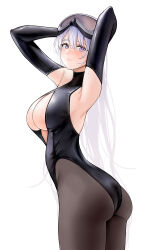 Rule 34 | 1girl, absurdres, armpits, arms behind head, arms up, ass, azur lane, black gloves, black leotard, black wetsuit, bodysuit, breasts, brown pantyhose, cl (summer sama), closed mouth, diving suit, elbow gloves, enterprise (azur lane), enterprise (diving under blue skies) (azur lane), gloves, goggles, goggles on head, highres, large breasts, leotard, long hair, official alternate costume, pantyhose, purple eyes, simple background, solo, very long hair, wetsuit, white background, white hair