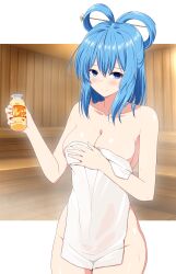 1girl absurdres alternate_costume blue_eyes blue_hair blush bottle breasts cleavage closed_mouth collarbone commentary_request commission groin hair_ornament hair_rings hair_stick highres holding holding_bottle kaku_seiga long_hair looking_at_viewer naked_towel rise_(rise19851203) second-party_source skeb_commission smile solo touhou towel translation_request wet wet_clothes