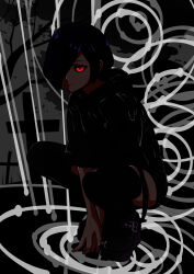 Rule 34 | 1girl, absurdres, alternate costume, black thighhighs, closed mouth, glowing, glowing eye, highres, hood, hood down, hoodie, kirishima touka, ma bo do hugozen, own hands together, purple hair, shoes, short hair, shorts, solo, squatting, thighhighs, tokyo ghoul, unamused