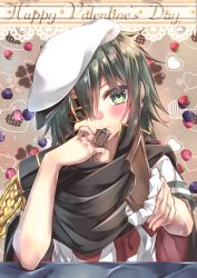 Rule 34 | 1girl, armor, bad id, bad pixiv id, blush, cape, chocolate, eyepatch, food, green eyes, green hair, hat, heart, holding, holding food, jewelry, kantai collection, kiso (kancolle), kiso kai ni (kancolle), mouth hold, pauldrons, ring, sailor hat, short hair, short sleeves, shoulder armor, solo, valentine, wedding band, white hat, yuihira asu