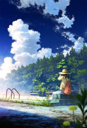 Rule 34 | 1girl, arm up, backpack, bag, black hair, blue sky, blurry, blurry foreground, cloud, commentary request, day, depth of field, facing away, forest, hat, highres, long hair, mocha (cotton), nature, original, outdoors, pool, pool ladder, shirt, short sleeves, signature, sitting, skirt, sky, solo, summer, sun hat, tree, white skirt, yellow shirt