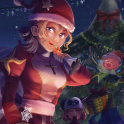 Rule 34 | 3girls, :3, alchemist (ragnarok online), blonde hair, blush, bow, brown gloves, candy, candy cane, christmas, christmas tree, christmas wreath, closed eyes, commentary, confetti, cross, cross necklace, dress, food, fur-trimmed headwear, fur trim, gift, gloves, grey eyes, hat, high priest (ragnarok online), jewelry, juliet sleeves, long sleeves, lunacerra, merchant (ragnarok online), multiple girls, necklace, open mouth, out of frame, panda hat, poring, puffy sleeves, ragnarok online, red bow, red dress, red headwear, santa hat, sash, short hair, slime (creature), smile, snow, two-tone dress, upper body, white dress, white sash, wreath