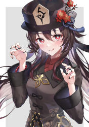 Rule 34 | 1girl, :q, absurdres, bead bracelet, beads, black hat, black nails, blush, bracelet, breasts, brown coat, brown hair, claw pose, coat, flower, flower-shaped pupils, genshin impact, grey background, hair between eyes, hands up, hat, hat flower, hat tassel, highres, hu tao (genshin impact), jewelry, long hair, long sleeves, looking at viewer, medium breasts, multiple rings, myske (myst34415756), nail polish, plum blossoms, porkpie hat, red eyes, red flower, ring, sidelocks, simple background, solo, symbol-shaped pupils, tongue, tongue out, twintails, two-tone background, upper body, white background, wide sleeves