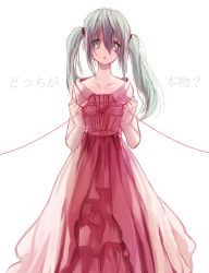 Rule 34 | 1girl, bad id, bad pixiv id, dress, green eyes, green hair, hatsune miku, long hair, matching hair/eyes, nonoharak, solo, string, string of fate, twintails, vocaloid, white background