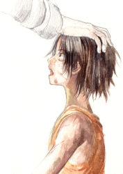 Rule 34 | 1boy, aged down, black hair, blood, chikama (minka), east blue, face, freckles, hand on another&#039;s head, headpat, male focus, one piece, pat, portgas d. ace, short hair, solo focus