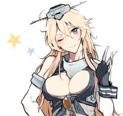 Rule 34 | 10s, 1girl, arm up, asakawa (outeq), bad anatomy, blonde hair, blue eyes, blush, breasts, cleavage, elbow gloves, fingerless gloves, glasses, gloves, hair between eyes, headgear, iowa (kancolle), kantai collection, large breasts, long hair, looking at viewer, one eye closed, smile, solo, star-shaped pupils, star (symbol), sunglasses, symbol-shaped pupils, upper body