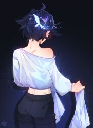 Rule 34 | 1boy, alternate costume, black hair, black pants, blue hair, braid, commentary, english commentary, from behind, genshin impact, glowing, glowing hair, highres, long sleeves, male focus, multicolored hair, nekojinnyart, off shoulder, pants, shirt, side braid, signature, simple background, solo, trap, venti (genshin impact)