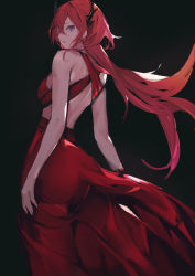 Rule 34 | 1girl, absurdres, alternate costume, arknights, backless dress, backless outfit, bare arms, bare back, bare shoulders, black background, commentary, cowboy shot, demon horns, dress, evening gown, fanshu, highres, horns, long hair, looking at viewer, looking back, parted lips, ponytail, purple eyes, red dress, red hair, sidelocks, simple background, solo, surtr (arknights)