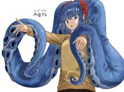 Rule 34 | 1girl, @ @, blue eyes, blue hair, frills, grey background, long hair, megame (okbnkn), open mouth, original, simple background, solo, suction cups, teeth, tentacle hair, tentacles, twintails, upper teeth only, very long hair