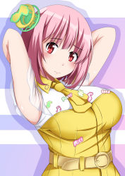 Rule 34 | 1girl, armpits, arms behind head, arms up, belt, breasts, commentary, hair ornament, highres, kamen rider, kamen rider ex-aid (series), large breasts, looking at viewer, musical note, necktie, pandacross, pink hair, poppi pipopapo, red eyes, short hair, solo