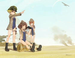 Rule 34 | 3girls, :d, aircraft, airplane, akiyama yukari, artillery, binoculars, biplane, black footwear, blonde hair, blue one-piece swimsuit, blue sky, boots, brown eyes, brown hair, brown headwear, brown jacket, commentary, day, desert, emblem, erwin (girls und panzer), fingers together, garrison cap, gas can, girls und panzer, goggles, goggles on headwear, green headwear, half-closed eyes, hand on own hip, hat, holding, holding binoculars, index fingers together, insignia, jacket, long sleeves, looking to the side, messy hair, military hat, military jacket, multiple girls, nishizumi miho, old school swimsuit, one-piece swimsuit, ooarai (emblem), open clothes, open jacket, open mouth, outdoors, parted lips, field cap, peaked cap, pointy hair, sand, sandbag, school swimsuit, short hair, short sleeves, sitting, sky, sleeves rolled up, smile, smirk, smoke, standing, swimsuit, thigh strap, tilted headwear, twitter username, v-shaped eyebrows, yurikuta tsukumi