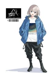 Rule 34 | 1girl, barcode, black footwear, black pants, blue eyes, blue jacket, blush, boots, breasts, character name, full body, grey hair, hands in pockets, highres, idolmaster, idolmaster shiny colors, jacket, long sleeves, looking at viewer, open clothes, open jacket, pants, serizawa asahi, shirt, short hair, signature, simple background, small breasts, smile, ulrich (tagaragakuin), white background, white shirt