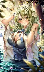 Rule 34 | 1girl, arms up, blush, braid, branch, breasts, bug, butterfly, ceres fauna, ceres fauna (1st costume), cleavage, floating, floating object, flower, forest, green hair, hair between eyes, hair flower, hair ornament, hair rings, hands in hair, highres, hololive, hololive english, horns, in water, insect, kira yukishiro, lake, large breasts, leaf, looking at viewer, looking to the side, medium hair, nature, standing, tree, virtual youtuber, water, waves, wet, wet clothes, wide sleeves, yellow eyes