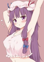 Rule 34 | 1girl, absurdres, armpits, arms up, blue bow, blush, bow, capelet, covered erect nipples, hat, highres, long hair, no bra, patchouli knowledge, purple eyes, purple hair, red bow, simple background, solo, techi0001, techi (techi35499), touhou