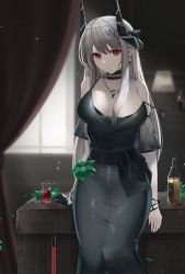Rule 34 | 1girl, arknights, black collar, black dress, blitzkrieg (index unknown), bottle, bracelet, breasts, breasts apart, collar, curtains, demon horns, dress, feet out of frame, glass, grey hair, hair between eyes, hair ornament, highres, horns, indoors, jewelry, large breasts, long hair, looking at viewer, mudrock (arknights), mudrock (obsidian) (arknights), necklace, official alternate costume, plant, pointy ears, red eyes, short sleeves, solo, standing, strap slip, window