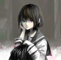 Rule 34 | 1girl, arm rest, arm support, black hair, green eyes, grey background, greyscale, hand on own face, heterochromia, lips, long sleeves, monochrome, nyanpe, original, parted lips, purple eyes, school uniform, serafuku, short hair, simple background, solo