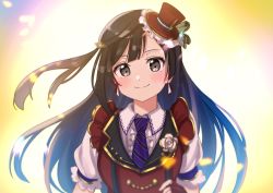 Rule 34 | 1girl, absurdres, black eyes, black hair, black necktie, blush, center frills, chase! (love live!), closed mouth, collared shirt, commentary, diagonal bangs, earrings, english commentary, frilled shirt, frilled vest, frills, grey eyes, hat, highres, jewelry, long hair, looking at viewer, love live!, love live! nijigasaki high school idol club, mini hat, mini top hat, necktie, nyako (utaneko31), one side up, puffy short sleeves, puffy sleeves, red hat, red vest, shirt, short sleeves, smile, solo, swept bangs, tilted headwear, top hat, upper body, vest, white shirt, yuki setsuna (love live!)
