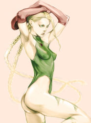 Rule 34 | 1girl, armpits, arms behind head, arms up, ass, bad id, bad pixiv id, beret, blonde hair, braid, breasts, cammy white, camouflage, capcom, covered erect nipples, elbow gloves, from side, gloves, green eyes, halterneck, hand on own head, hat, unworn hat, unworn headwear, highleg, highleg leotard, holding, ikeda masateru, impossible clothes, impossible leotard, leg lift, leotard, lips, long hair, looking afar, parted lips, pink background, red gloves, ribs, simple background, skin tight, small breasts, solo, standing, standing on one leg, street fighter, tattoo, thong, thong leotard, turtleneck, twin braids, very long hair