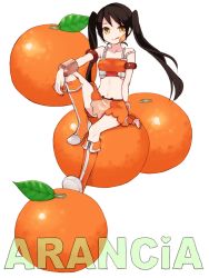 Rule 34 | 1girl, :p, arancia, bare shoulders, black hair, boots, character name, emdo (norabbit), food, fruit, full body, knee boots, long hair, midriff, orange (fruit), orange skirt, original, sitting, skirt, solo, tongue, tongue out, twintails, white background, yellow eyes