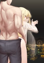 Rule 34 | 1boy, 1girl, absurdres, against glass, against window, bang dream!, bent over, black pants, blonde hair, blush, city lights, cityscape, commission, from behind, hand on another&#039;s waist, hetero, highres, implied sex, indoors, irochan, leaning forward, long hair, long sleeves, looking at another, looking back, muscular, muscular male, night, night sky, off shoulder, open mouth, pants, pixiv commission, reflection, sex, sex from behind, shirt, sidelocks, sky, standing, standing sex, topless male, torso grab, tsurumaki kokoro, white shirt, window