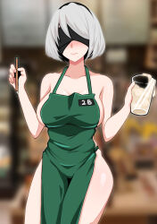 Rule 34 | 1girl, 2b (nier:automata), absurdres, apron, bare arms, bare legs, bare shoulders, black blindfold, blindfold, blush, breasts, character name, closed mouth, collarbone, cum, cum in container, cup, feet out of frame, female focus, green apron, hands up, highres, holding, holding cup, holding pencil, iced latte with breast milk (meme), large breasts, meme, naga99770, naked apron, nier:automata, nier (series), pencil, shiny skin, short hair, smile, solo, square enix, standing, w arms, white hair, wide hips.