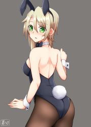 Rule 34 | 1girl, animal ears, artist name, ass, backless leotard, black bow, black bowtie, black leotard, blonde hair, blush, bow, bowtie, commentary, cowboy shot, detached collar, earrings, fake animal ears, fake tail, from behind, green eyes, grey background, highres, jewelry, kuzukiri (riezenagel), leotard, looking at viewer, looking back, medium hair, neige (kuzukiri), original, pantyhose, parted lips, playboy bunny, rabbit ears, rabbit tail, signature, solo, standing, strapless, strapless leotard, stud earrings, sweatdrop, tail, wrist cuffs