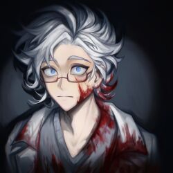 Rule 34 | 1boy, blood, blood in hair, blood on clothes, blood on face, closed mouth, glasses, grey sweater, highres, kanou aogu, lab coat, looking at viewer, male focus, portrait, saibou shinkyoku, semi-rimless eyewear, short hair, solo, sweater, v-neck, white hair, wide-eyed, z (xiannujiaomu172)