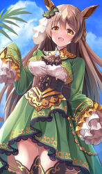 Rule 34 | 1girl, animal ears, ascot, black ascot, black corset, black thighhighs, blue sky, braid, cloud, cloudy sky, commentary request, corset, cowboy shot, dress, ear ornament, french braid, green dress, hair between eyes, highres, horse ears, horse girl, horse tail, kuroganeruto, looking at viewer, multicolored hair, sailor collar, satono diamond (umamusume), sky, sleeves past fingers, sleeves past wrists, smile, solo, streaked hair, tail, thighhighs, umamusume, white hair, yellow eyes