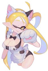 Rule 34 | 1girl, animal ear fluff, animal ears, animal hands, apron, black bow, black panties, blonde hair, bow, breasts, cleavage, closed mouth, commentary, cropped arm, cropped legs, d msy8, eyelashes, fake animal ears, fang, fang out, gloves, hair rings, highres, inkling, inkling girl, inkling player character, large breasts, long hair, looking at viewer, nintendo, one eye closed, panties, paw gloves, pointy ears, simple background, smile, solo, splatoon (series), symbol-only commentary, tentacle hair, underwear, white apron, white background, yellow eyes