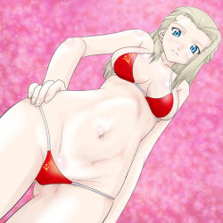 Rule 34 | 10s, 1girl, bikini, blonde hair, blue eyes, breasts, clara (girls und panzer), girls und panzer, gluteal fold, groin, hand on own hip, large breasts, long hair, looking at viewer, micro bikini, navel, russia, skindentation, solo, soviet, swimsuit, t jiroo (ringofriend), wide hips