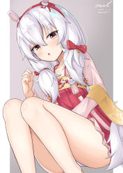 Rule 34 | 1girl, :o, animal ears, ass, azur lane, bare legs, bow, collarbone, dated, fake animal ears, feet out of frame, grey background, hair between eyes, hair bow, hairband, hand up, high-waist skirt, japanese clothes, knees up, laffey (azur lane), laffey (white rabbit welcomes the spring) (azur lane), long hair, long sleeves, looking at viewer, low twintails, miniskirt, orange eyes, panties, parted lips, pleated skirt, rabbit ears, red bow, red skirt, sash, signature, skirt, solo, thighs, twintails, twitter username, two-tone background, underwear, unel, white background, white hair, white panties