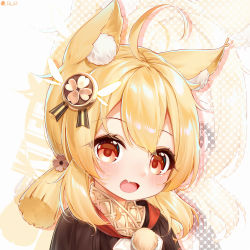 Rule 34 | 1girl, :d, absurdres, ahoge, animal ears, blonde hair, brown scarf, cat ears, child, clover print, coat, commentary request, genshin impact, hair between eyes, hair ornament, highres, hood, hooded coat, kemonomimi mode, klee (genshin impact), long hair, looking at viewer, low twintails, open mouth, orange eyes, pointy ears, q uouou, red coat, scarf, sidelocks, smile, solo, twintails, zoom layer