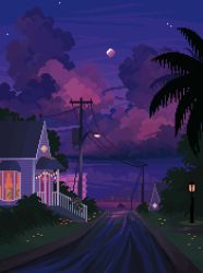 Rule 34 | cloud, cloudy sky, commentary, english commentary, full moon, grass, house, jubilee (8pxl), lamppost, moon, night, night sky, no humans, original, palm tree, pixel art, power lines, road, sky, street, tree