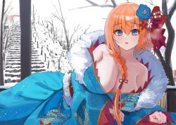 Rule 34 | 1girl, ahoge, bare shoulders, blue eyes, blue kimono, blush, braid, breasts, chen bingyou, cleavage, fur trim, hair ribbon, japanese clothes, kimono, large breasts, long hair, long sleeves, looking at viewer, obi, off shoulder, open mouth, orange hair, pecorine (new year) (princess connect!), pecorine (princess connect!), princess connect!, red ribbon, ribbon, sash, side braid, smile, solo, wide sleeves