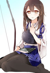 Rule 34 | 10s, 1girl, archery, bad id, bad pixiv id, black pantyhose, blush, bow (weapon), breasts, brown eyes, brown hair, feet, highres, japanese clothes, kaga (kancolle), kantai collection, kyuudou, long hair, marksman, muneate, oouso, open mouth, pantyhose, personification, short hair, side ponytail, sitting, skirt, solo, sweat, wariza, weapon