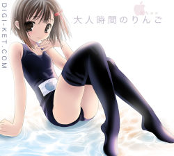 Rule 34 | 1girl, black one-piece swimsuit, child, looking at viewer, namamo nanase, one-piece swimsuit, school swimsuit, simple background, smile, solo, swimsuit, thighhighs