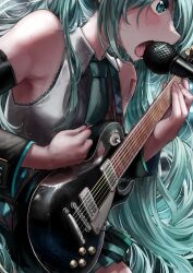 Rule 34 | 1girl, absurdres, armpits, bare shoulders, black sleeves, blue eyes, blue hair, blue necktie, blush, collared shirt, commentary, commentary request, cowboy shot, detached sleeves, electric guitar, english commentary, from side, gibson les paul, grey shirt, guitar, hatsune miku, highres, holding, holding guitar, holding instrument, holding plectrum, instrument, long hair, looking ahead, microa, microphone stand, miniskirt, mixed-language commentary, music, necktie, open mouth, playing instrument, pleated skirt, plectrum, profile, shirt, shoulder strap, shoulder tattoo, singing, skirt, sleeveless, sleeveless shirt, solo, sweat, tattoo, very long hair, very sweaty, vocaloid