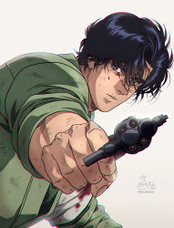 Rule 34 | 1boy, absurdres, aiming, aiming at viewer, black hair, blood, blood on face, blue eyes, chromatic aberration, city hunter, fingernails, foreshortening, green jacket, gun, handgun, highres, holding, holding gun, holding weapon, injury, jacket, looking at viewer, male focus, parted lips, saeba ryou, shirt, signature, simple background, solo, twitter username, weapon, white background, white shirt, yuu (masarunomori)